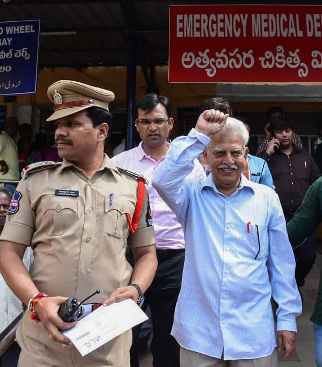 Revolutionary writer P Varavara Rao after a medical chek-up following his arrest by the Pune Police in Hyderabad on Tuesday. PTI