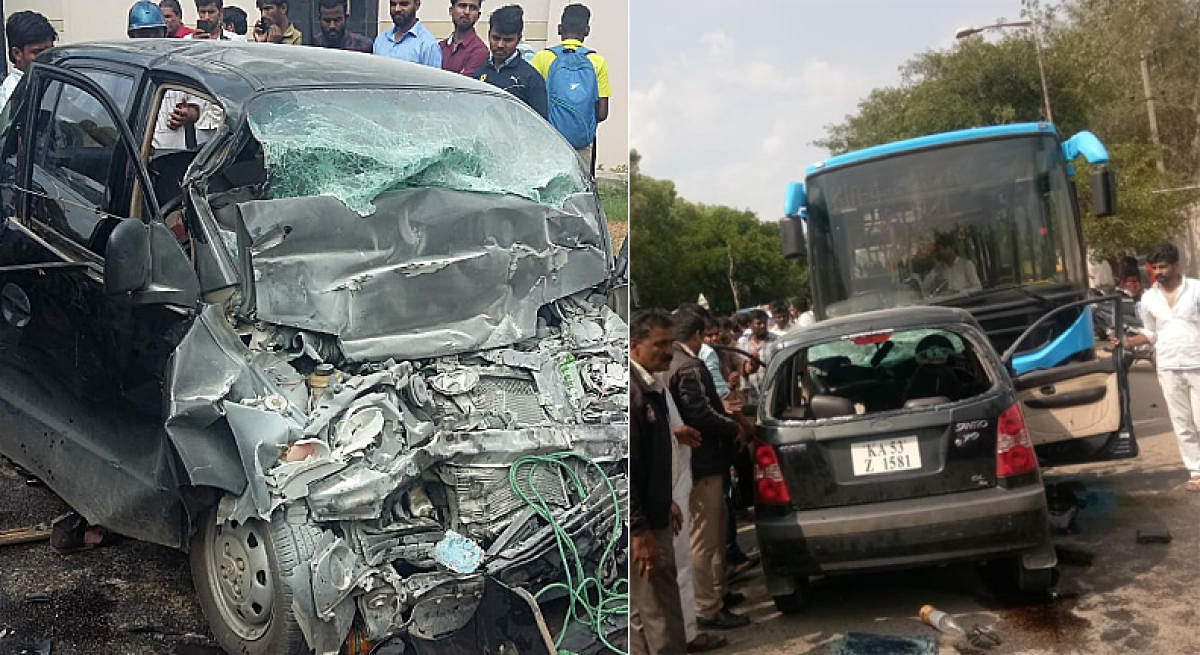 Mangled remains of the Santro cas which collied with BMTC bus on Doddanekundi main road near ISRO on Old Airport road of HAL police limits in Bengaluru on Wednesday. Four people were died in an accident and one injured.