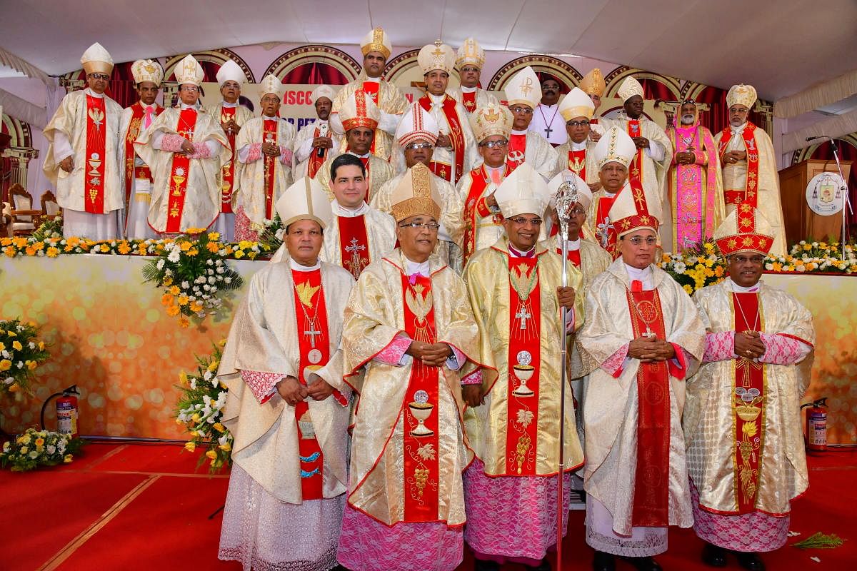 Mangalore Diocese Bishop Most Rev Dr Peter Paul Saldanha seen along with Archbishops and Bishops after getting ordained as the Bishop of Mangalore Diocese at Rosario Cathedral in Mangaluru on Saturday.