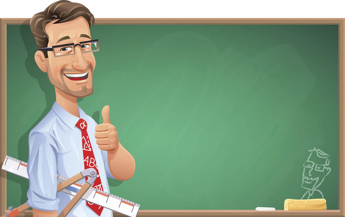 A smiling teacher with glasses in front of a blackboard holding a ruler and a compass and gesturing thumbs up. Illustration with space for text. EPS 10, grouped and labeled in layers.Image for Education Suppliment