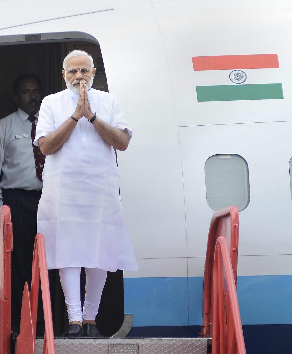 Prime Minister Narendra Modi on his arrival at the Bhubaneswar airport, Saturday, Sep 22, 2018. PM Modi is in Odisha to inaugurate various developmental projects. PTI Photo