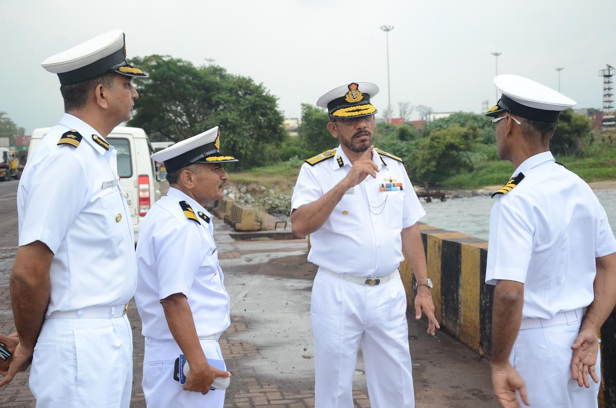 Inspector General V D Chafekar, Commander, Coast Guard Region (West) interacts with Coast Guard personnel in Mangaluru.