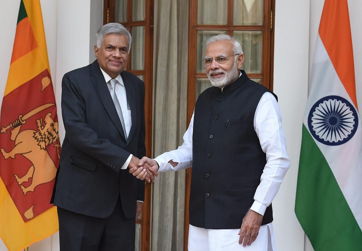 Prime Minister Narendra Modi with his Sri Lankan counterpart Ranil Wickremesinghe ahead of a meeting at Hyderabad House, in New Delhi, on October 20, 2018. PTI