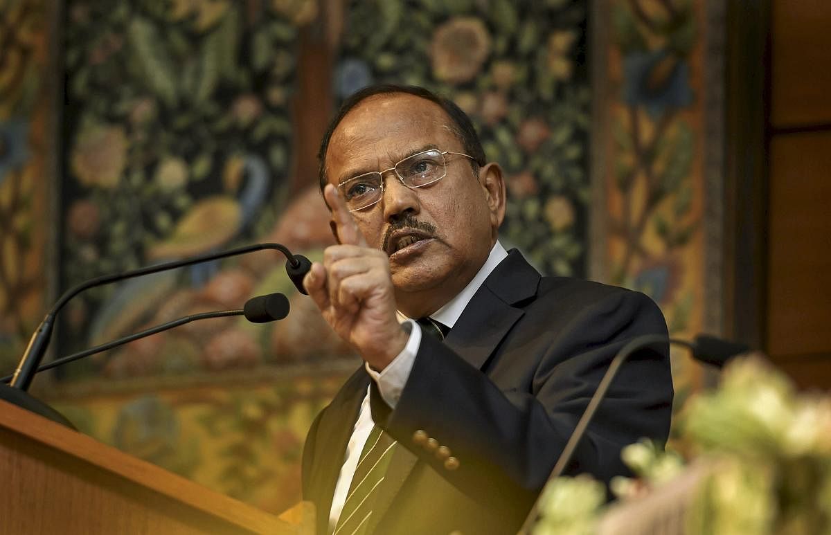 National Security Advisor Ajit Doval gestures during his speech at Sardar Patel Memorial Lecture 2018, in New Delhi, on Thursday. PTI
