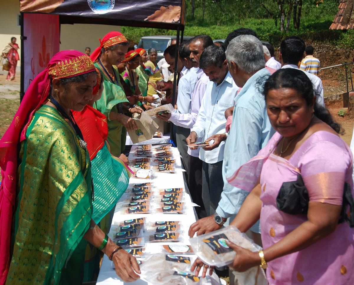 Women flood victims sell masala products under the name ‘Coorg flavours’ in Madikeri on Sunday. 
