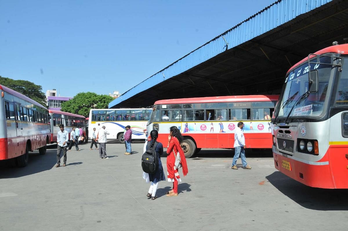 Buses parked at KSRTC bus stand in Chikkamagaluru.