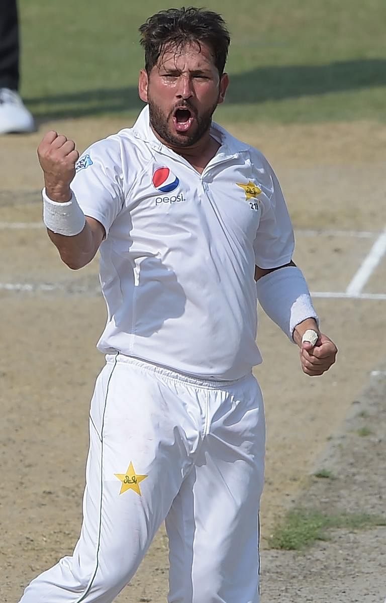 Pakistan's Yasir Shah celebrates after dismissing New Zealand's Neil Wagner on Monday. AFP