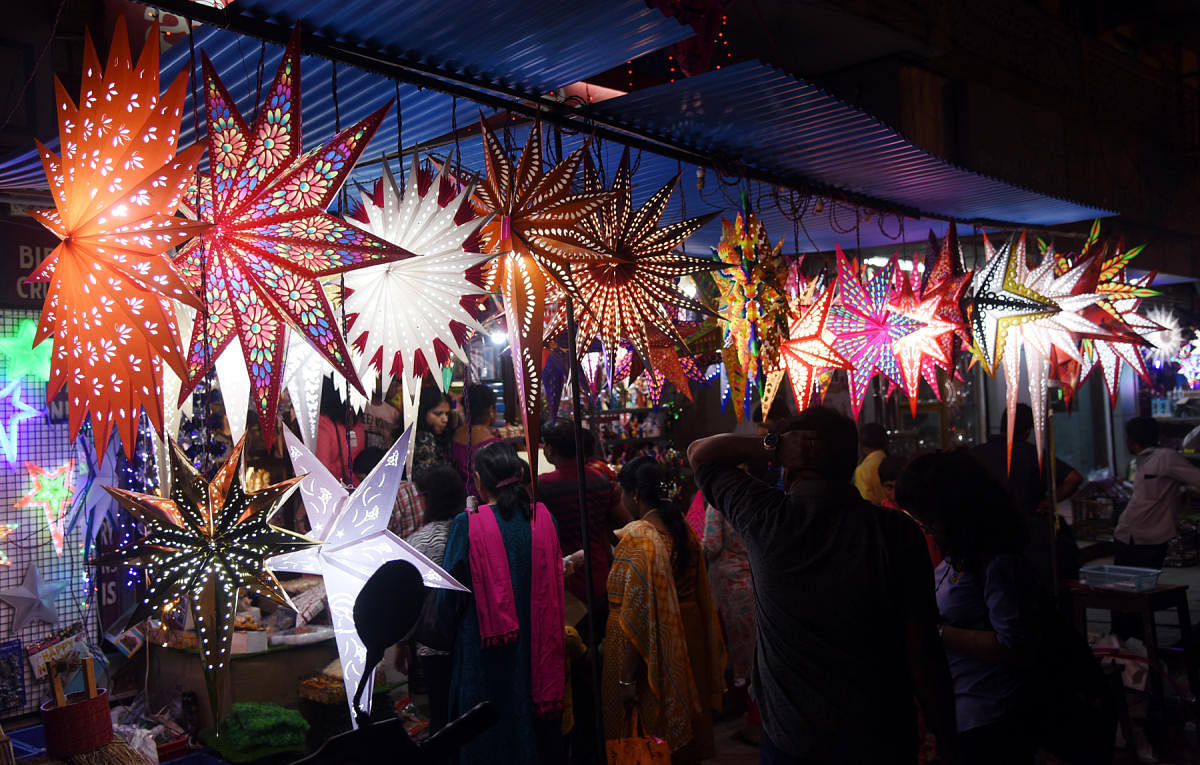 Colourful Christmas stars attract customers in Mangaluru.