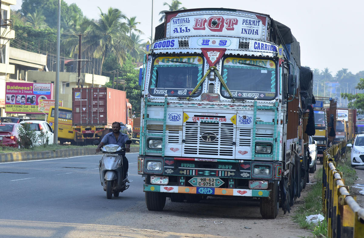 Parking of trucks on the NH 66 has been leading to accidents and traffic snarls in Panambur, Mangaluru.