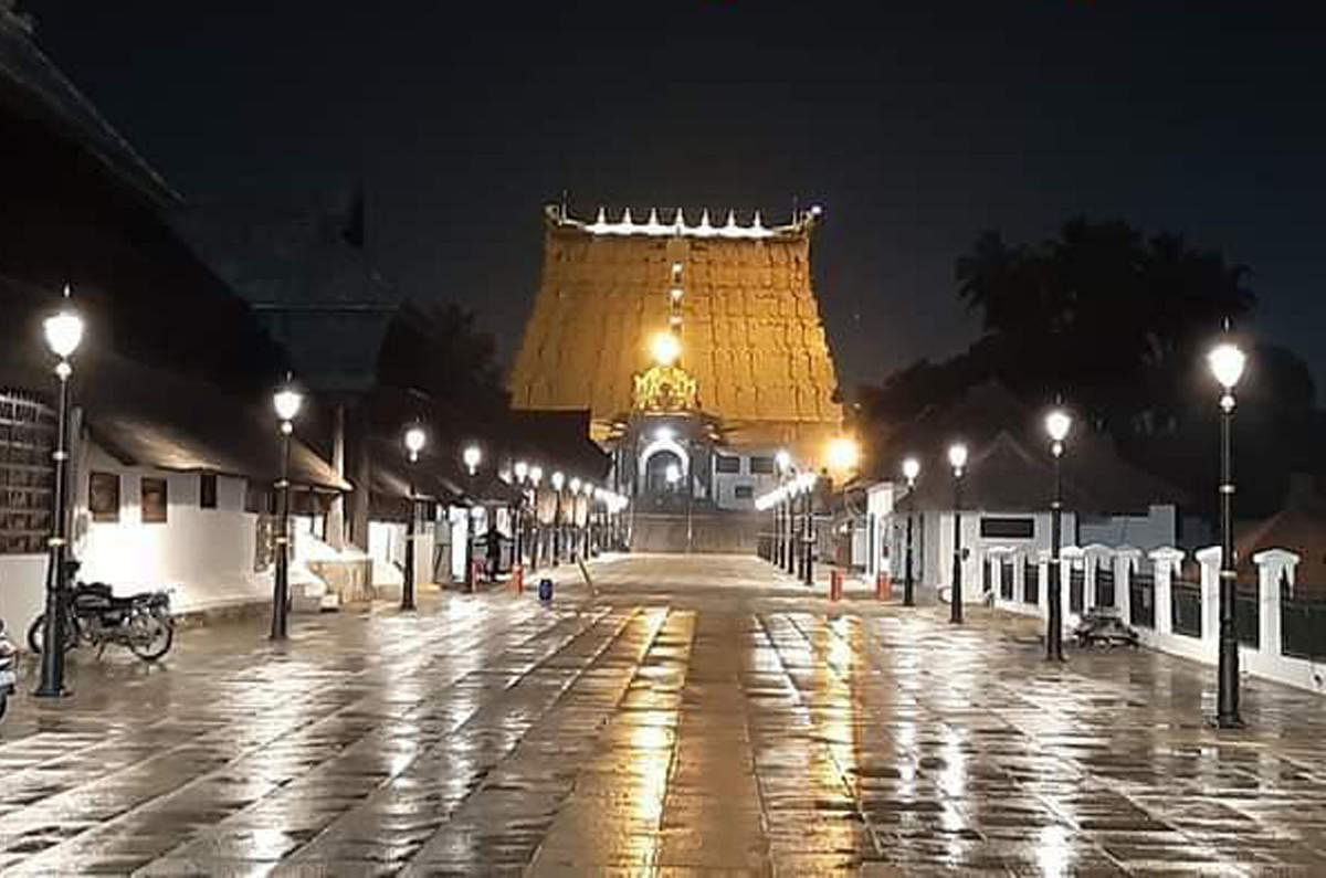 The freshly tiled pavement and traditional lamp posts reflect the traditional grandeur of the Anantha Padmanabhaswamy temple in Thiruvananthapuram dedicated to Lord Mahavishnu.  