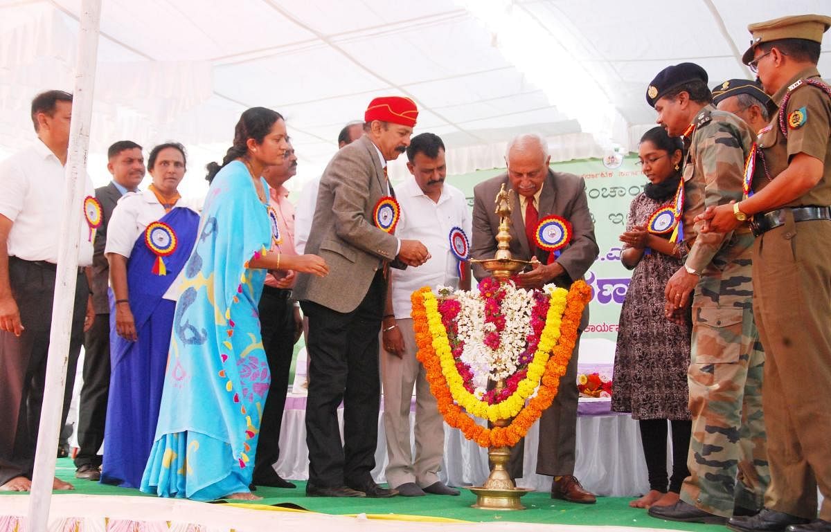 Retired Air Marshal K C Cariappa inaugurates the 120th birth anniversary celebrations of Field Marshal K M Cariappa, organised by the district administration, Zilla Panchayat and Kannada and Culture Department, on Old Fort premises in Madikeri on Monday.