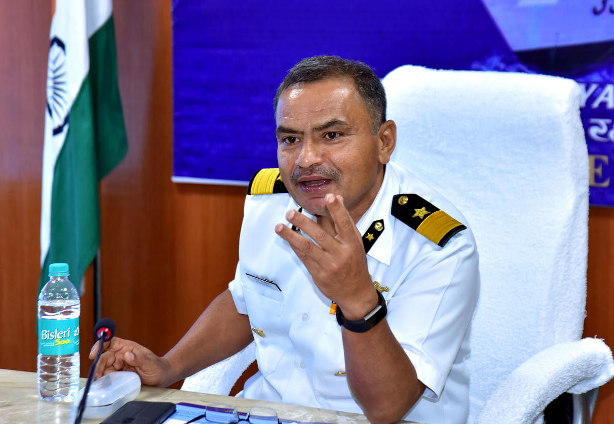 DIG S S Dasila, Commander, Coast Guard (Karnataka), addresses media persons in Mangaluru on Thursday.