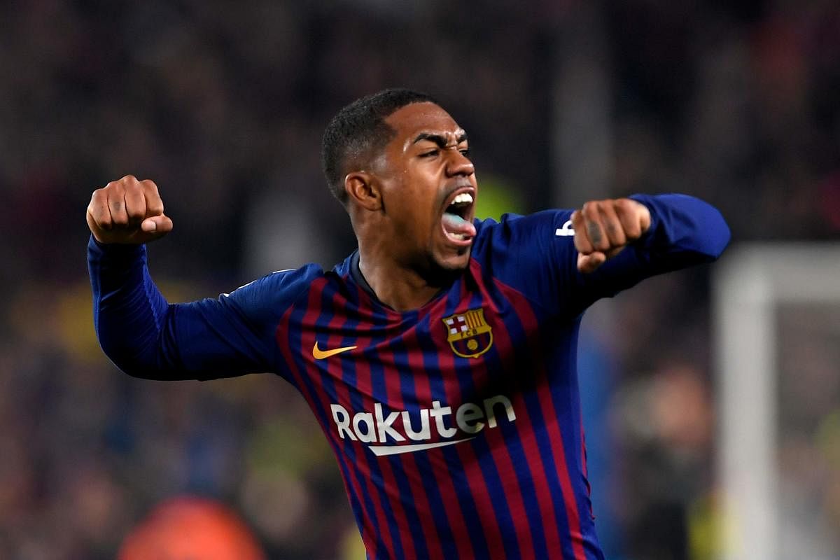 Barcelona's Malcom celebrates after scoring against Real Madrid Copa del Rey semifinal first leg on Wednesday. AFP