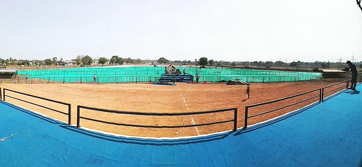 A panoramic view of the venue of PM Narendra Modi's campaigning rally to be held near Gabbur Cross in Hubballi on February 10.