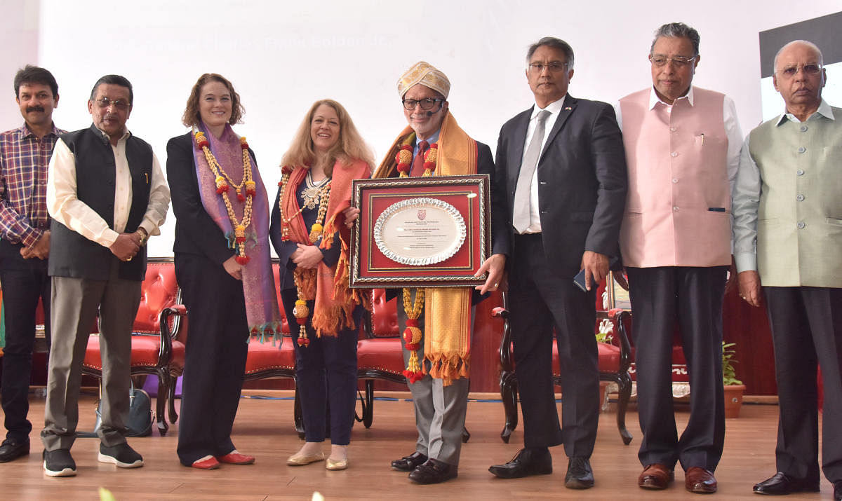 Former Minister and Vice-Chairman, GEF, Director, RIT M R Seetharam (Second from left) felicitate ex-administrator, Nasa, USA, Maj. Gen. Charles Frank Bolden Jr during his technical presentation at M S Ramaiah Institute of Technology in Bengaluru on March