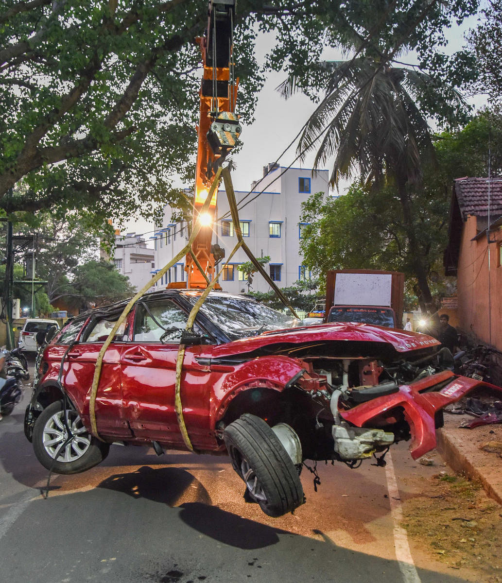 The wreckage of the Range Rover which was involved in an accident on NICE Road on Tuesday. DH Photo/S K Dinesh