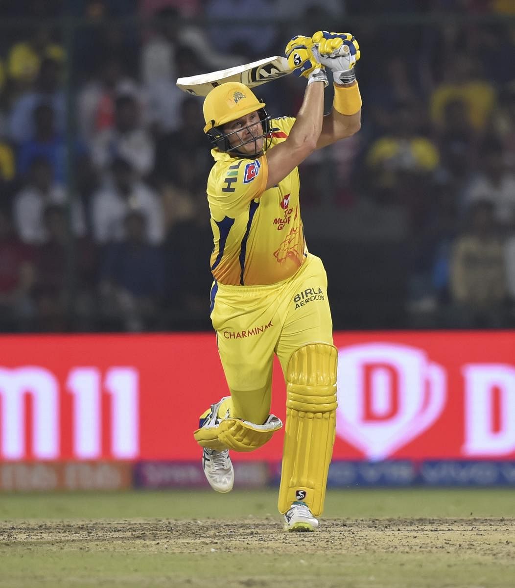 CSK's Shane Watson hits one to the boundary during his match-winning 44 against DC on Tuesday. PTI