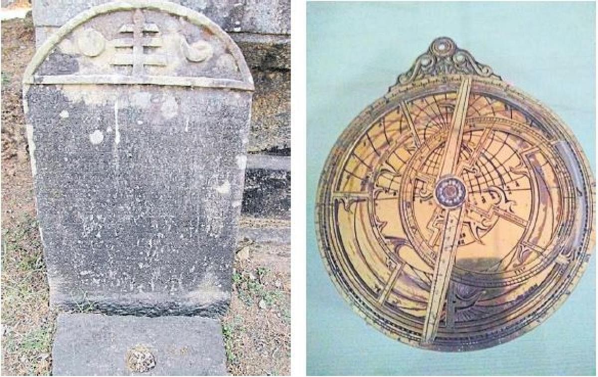Relics of past: Stone inscription in Venuru, Dakshina Kannada (L) and astrolabe and the rete — a very handy tool for navigators till about 100 years ago.