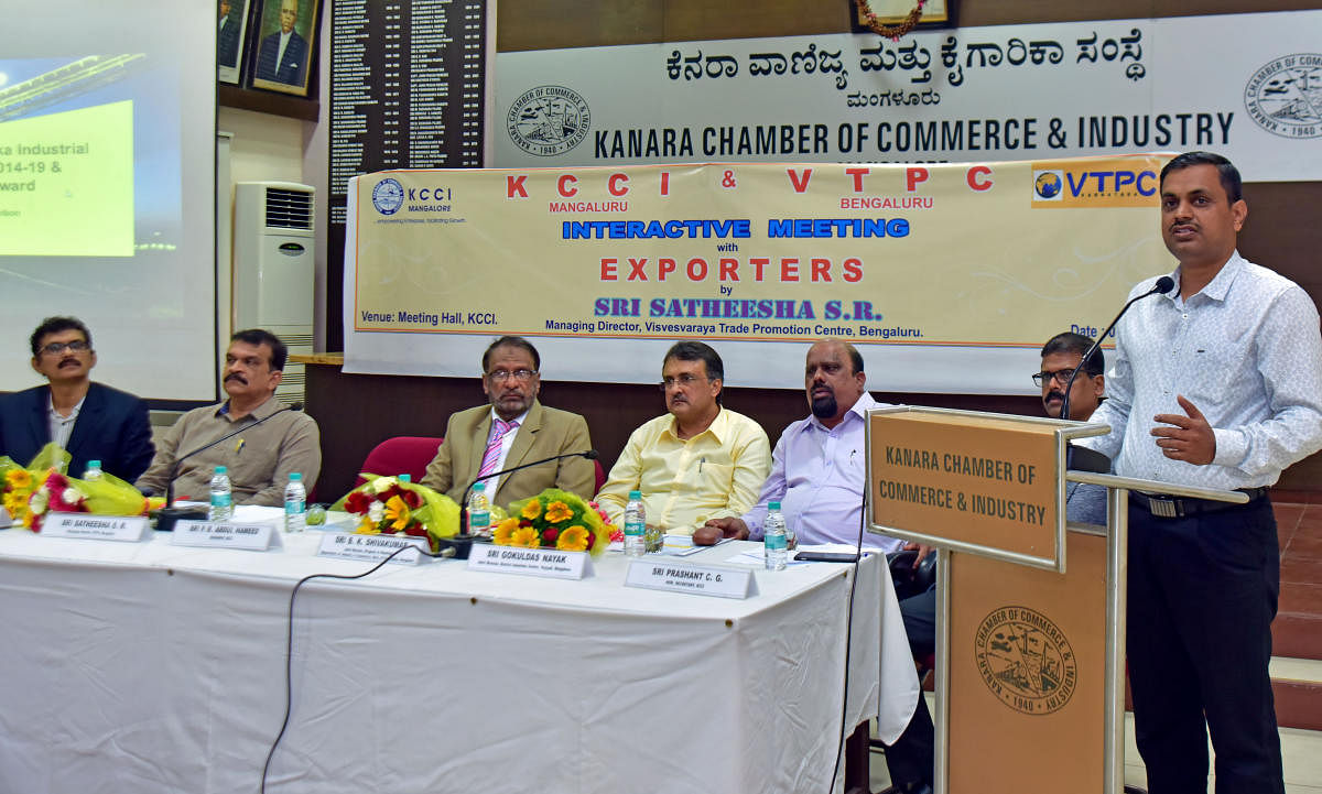 Visvesvaraya Trade Promotion Centre (Bengaluru) Managing Director Satheesha speaks at an interactive meeting with exporters at KCCI Hall in Mangaluru on Friday.