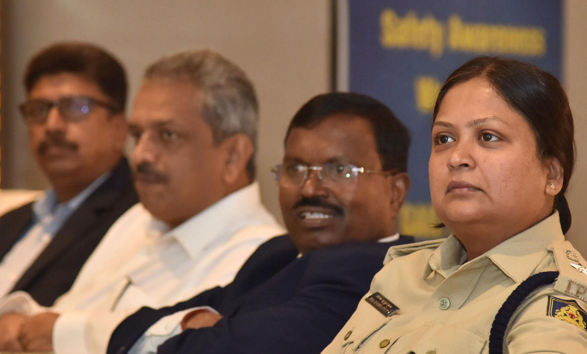Deputy Commissioner of Police (North East Division) Kala Krishnaswamy, GAIL executive director (southern region) P Murugesan, chief general managers Vivek Wathodkar and K P Ramesh at a workshop on 'Pipeline Safety' in the city on Tuesday. DH Photo/Janardh