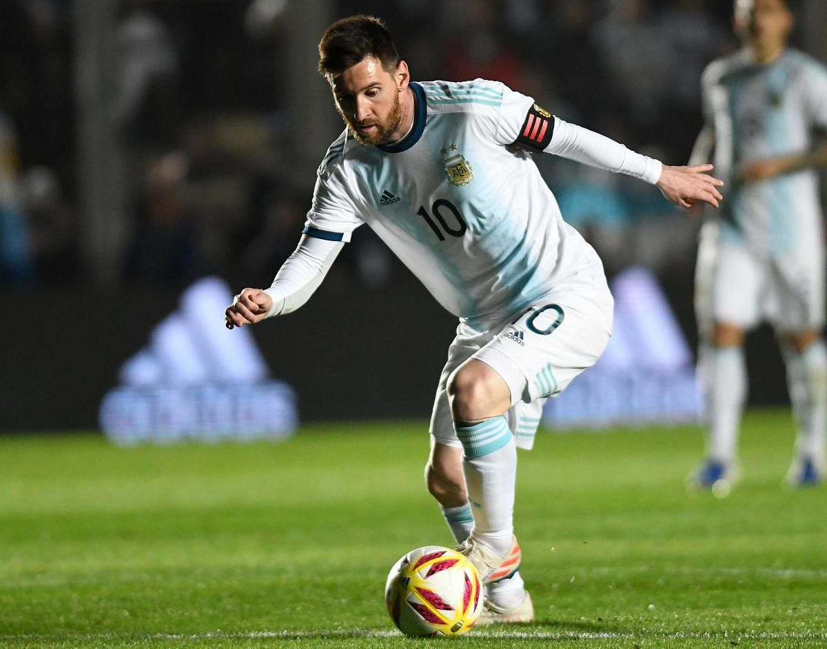 Lionel Messi drives the ball during the international friendly football match against Nicaragua at the San Juan del Bicentenario stadium in San Juan, Argentina, on June 7, 2019. AFP
