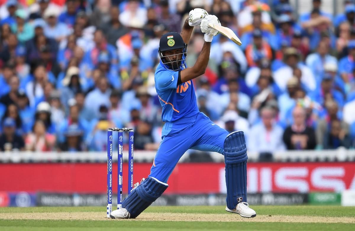 India's Hardik Pandya plays a shot during the 2019 Cricket World Cup group stage match between India and Australia at The Oval in London on June 9, 2019. (Photo AFP) 