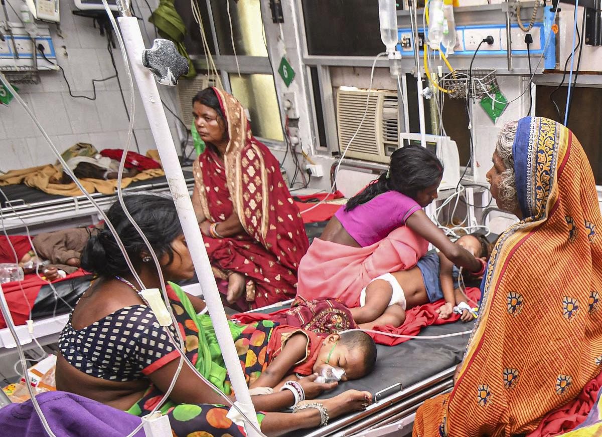 Children showing symptoms of Acute Encephalitis Syndrome (AES) being treated at a hospital in Muzaffarpur district, Tuesday, June 18, 2019. (PTI Photo)