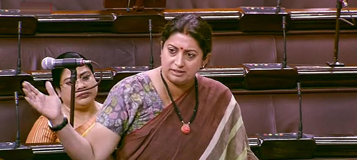 Union Minister of Women and Child Development Smriti Irani speaks in the Rajya Sabha during the Budget Session of Parliament, in New Delhi. (PTI Photo)