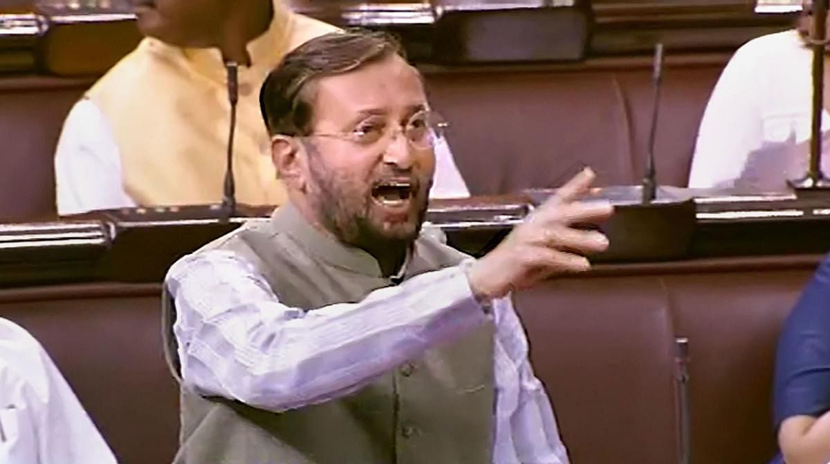 Union Minister for Environment, Forest & Climate Change and Information & Broadcasting Prakash Javadekar speaks in the Rajya Sabha during the Budget Session of Parliament  (RSTV/PTI Photo)