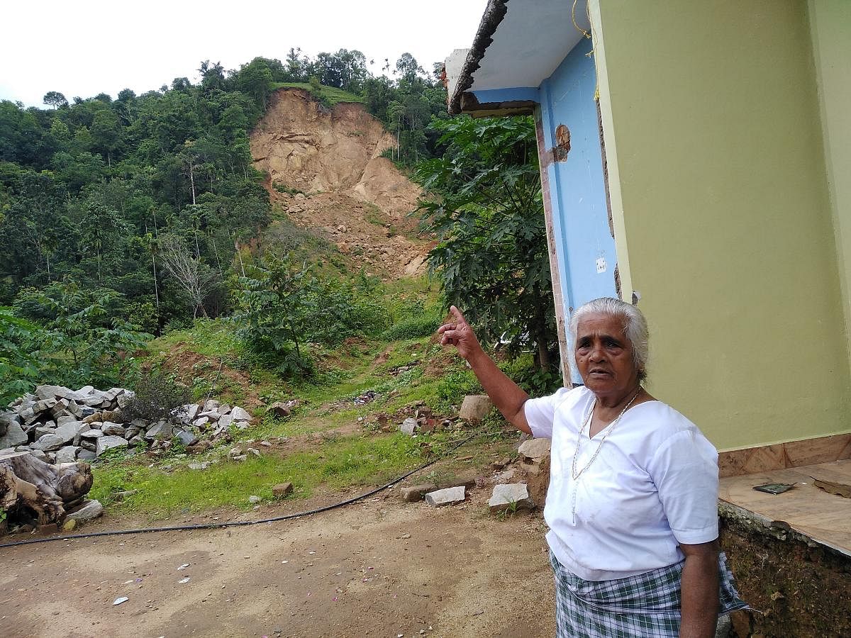 Mary, 81, of Upputhod in Idukki whose house was damaged by a landslide during August 2018 floods; (right) houses being constructed by raising pillars at Kuttanad in Alappuzha to survive the floods. dh photos/arjun raghunath
