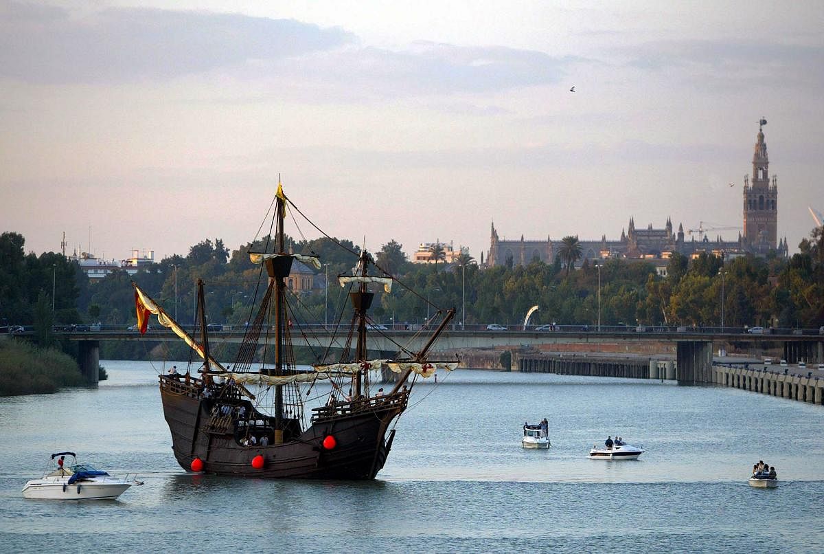 A replica model of Portuguese explorer Ferdinand Magellan's 16th century carrack Victoria leaves Sevilla. Ferdinand Magellan set sail from Spain 500 years ago on an epoch-making voyage to sail all the way around the globe for the first time. (AFP File Photo)