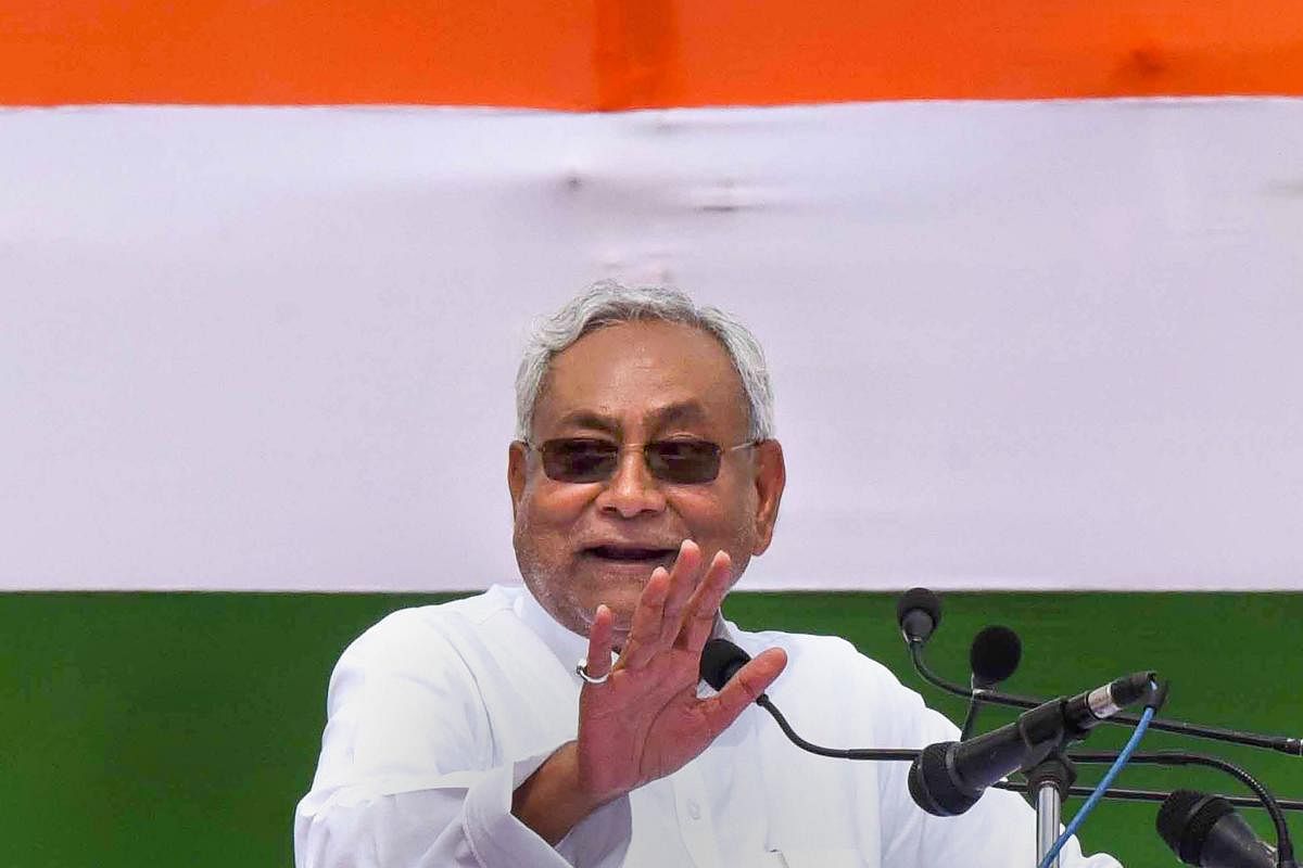 Patna: Bihar Chief Minister Nitish Kumar addresses during the 73rd Independence Day celebrations. (PTI Photo)