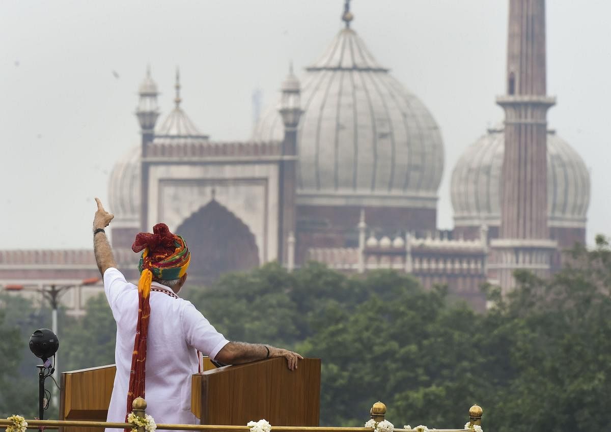 Prime Minister Narendra Modi delivers a speech to the nation at the Red Fort to celebrate the 73rd Independence Day, on August 15, 2019. (Photo by AFP)