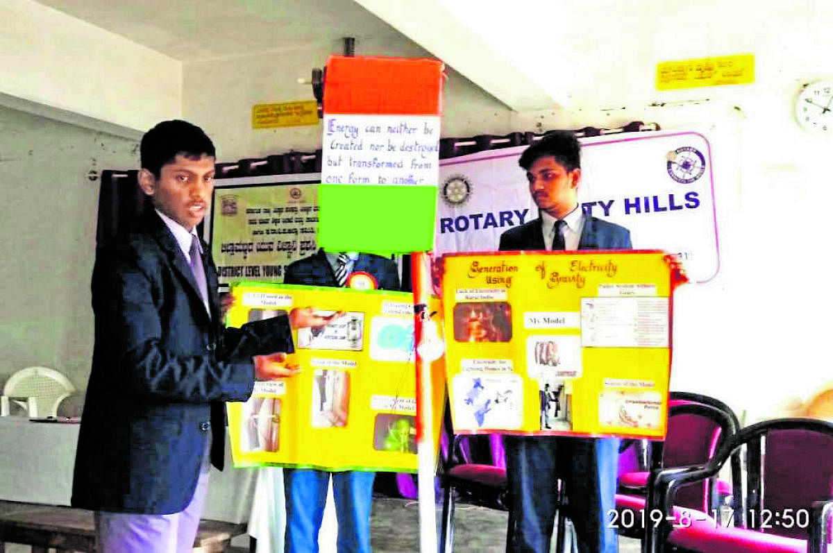 A student explains his model during the district-level young scientists’ selection competition organised by the Rajya Vijnana Parishat, and the Departments of Science and Technology and Education in Madikeri.