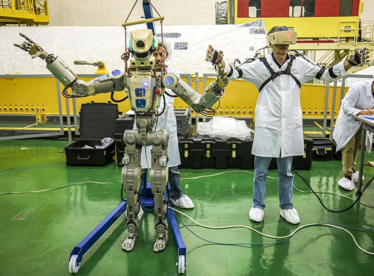 Russian humanoid robot Skybot F-850 (Fedor) being tested ahead of its flight onboard Soyuz MS-14 spacecraft at the Baikonur Cosmodrome in Kazakhstan. (Photo: AFP - official website of the Russian State Space Corporation) 