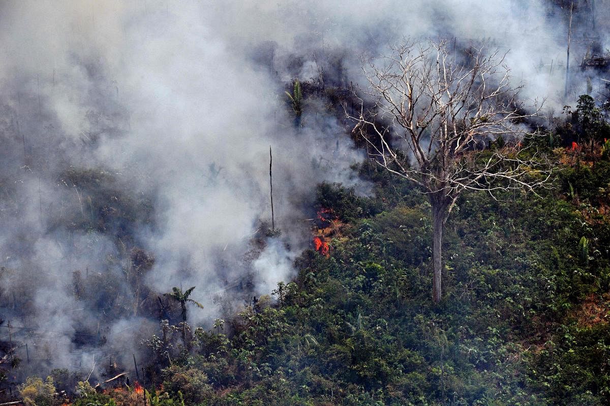 Aerial picture showing a fire in a piece of land in the Amazon rainforest (AFP Photo)