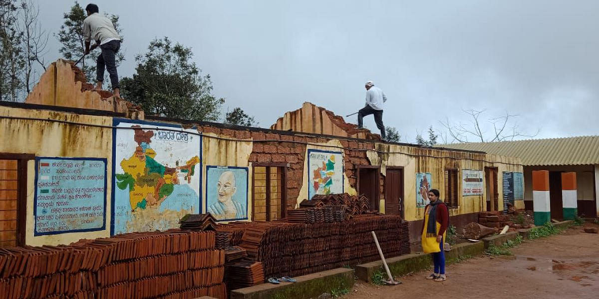 The walls of Closeburn School in Kattalekadu near Madikeri being cleared.