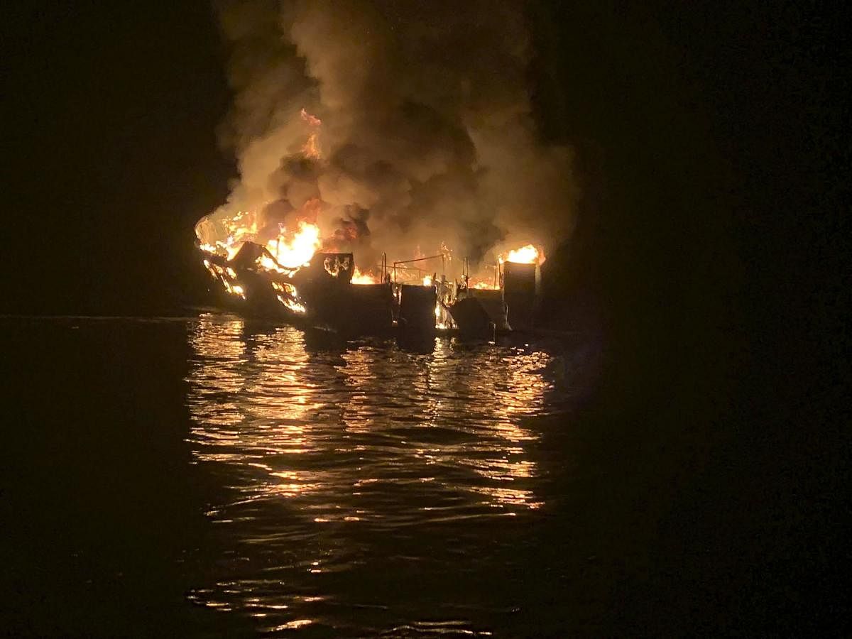 In this photo provided by the Santa Barbara County Fire Department a dive boat is engulfed in flames after a deadly fire broke out aboard the commercial scuba diving vessel off the Southern California Coast Monday morning, Sept. 2, 2019. (AP/PTI)