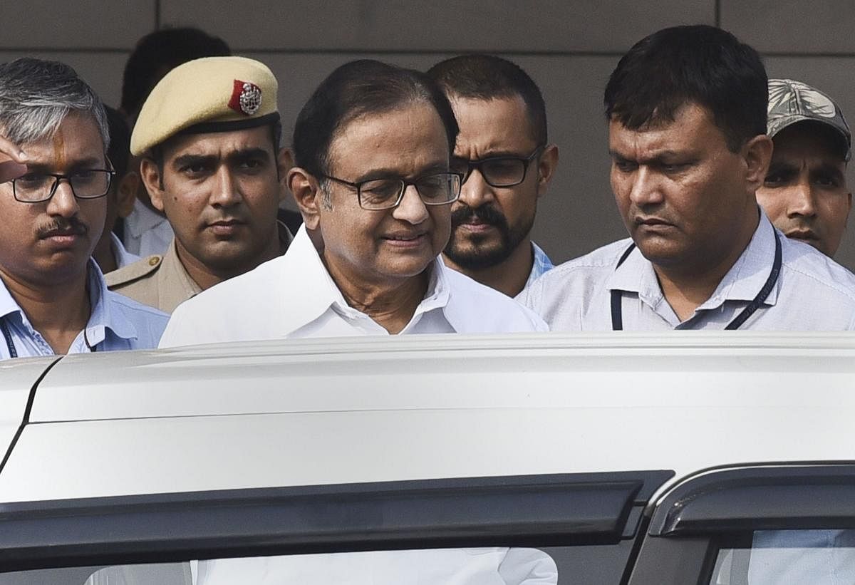 Congress leader and former finance minister P Chidambaram after being produced at Rouse Avenue Court in connection with INX media case, in New Delhi, Tuesday. PTI photo