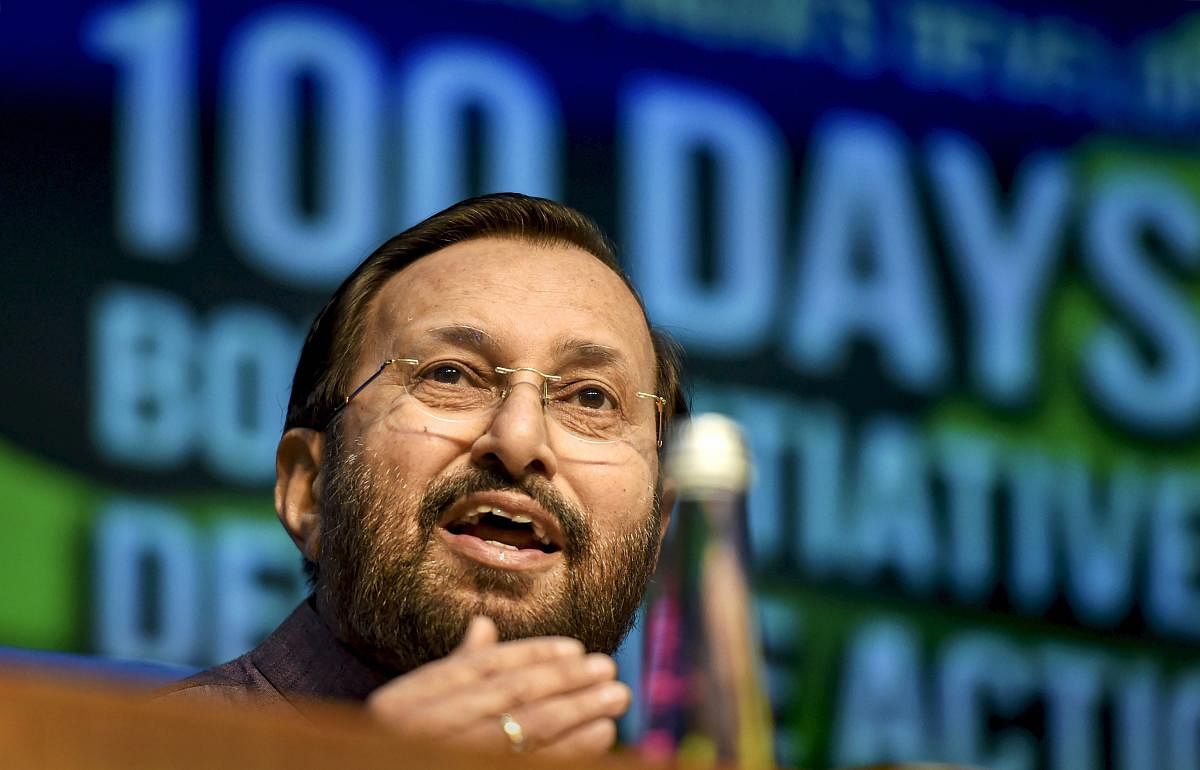 Union Environment Minister Prakash Javadekar addresses a press conference on completion of 100 days of the government, in New Delhi, on Sunday. PTI