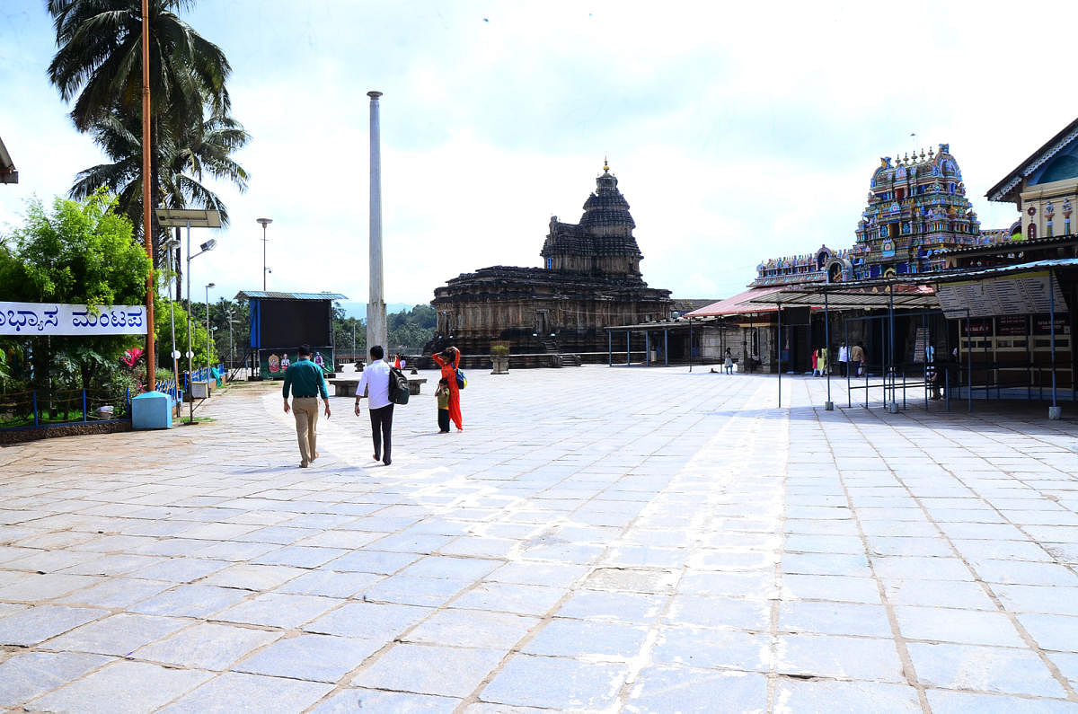 Only a few tourists are seen on the premises of Sringeri Sharadamba temple in Chikkamagaluru district.