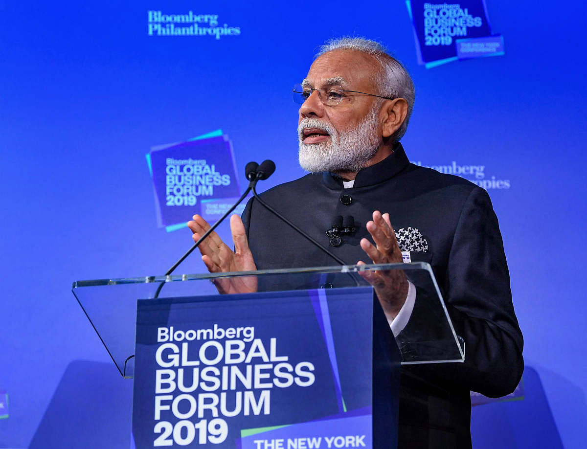 Prime Minister Narendra Modi speaks at Bloomberg Global Business Forum in New York, Wednesday, Sept 25, 2019. (PIB/PTI Photo)