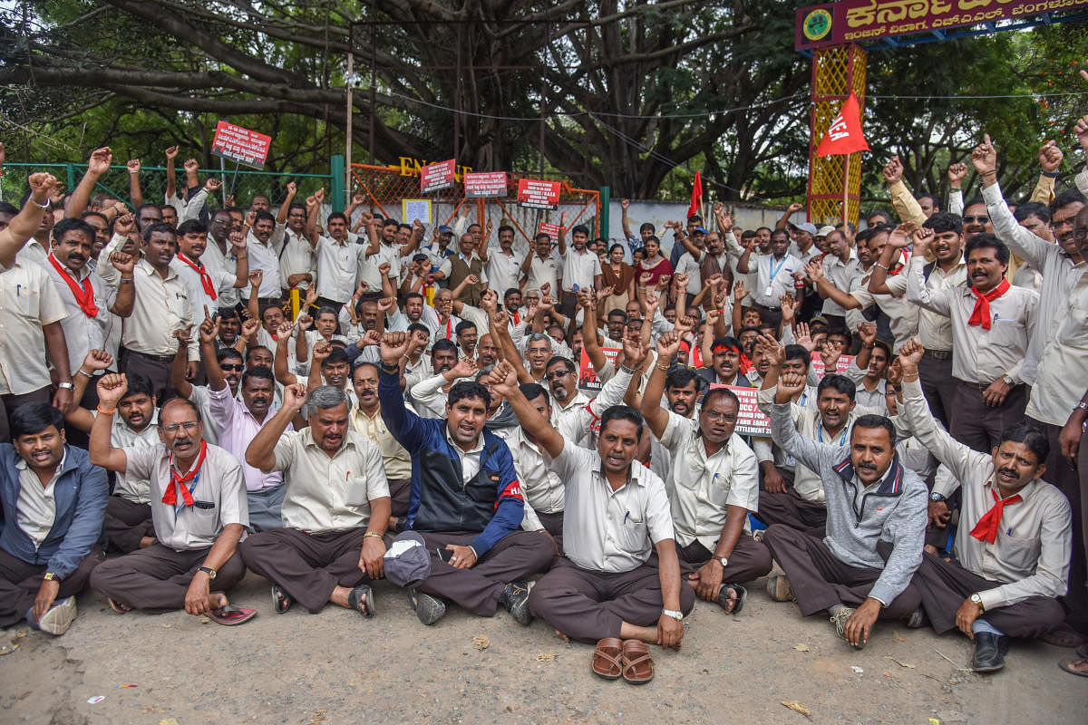 Hindustan Aeronautics Limited (HAL) Employees staging indefinite strike fourth day, demanding for fair and early wage revision, under the banner of All India HAL Trade Unions Co ordination committee in front of HAL, C V Raman Nagar, Bengaluru on Thursday.