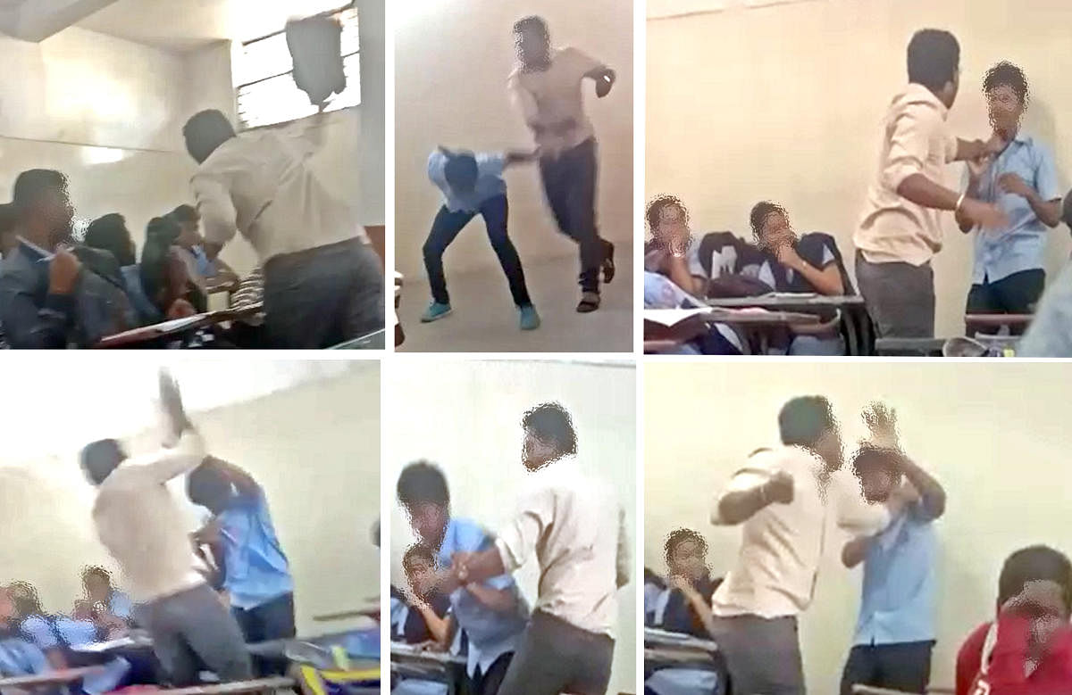 A video grab shows the teacher of a PU college in Rajajinagar beating up a student in the classroom.