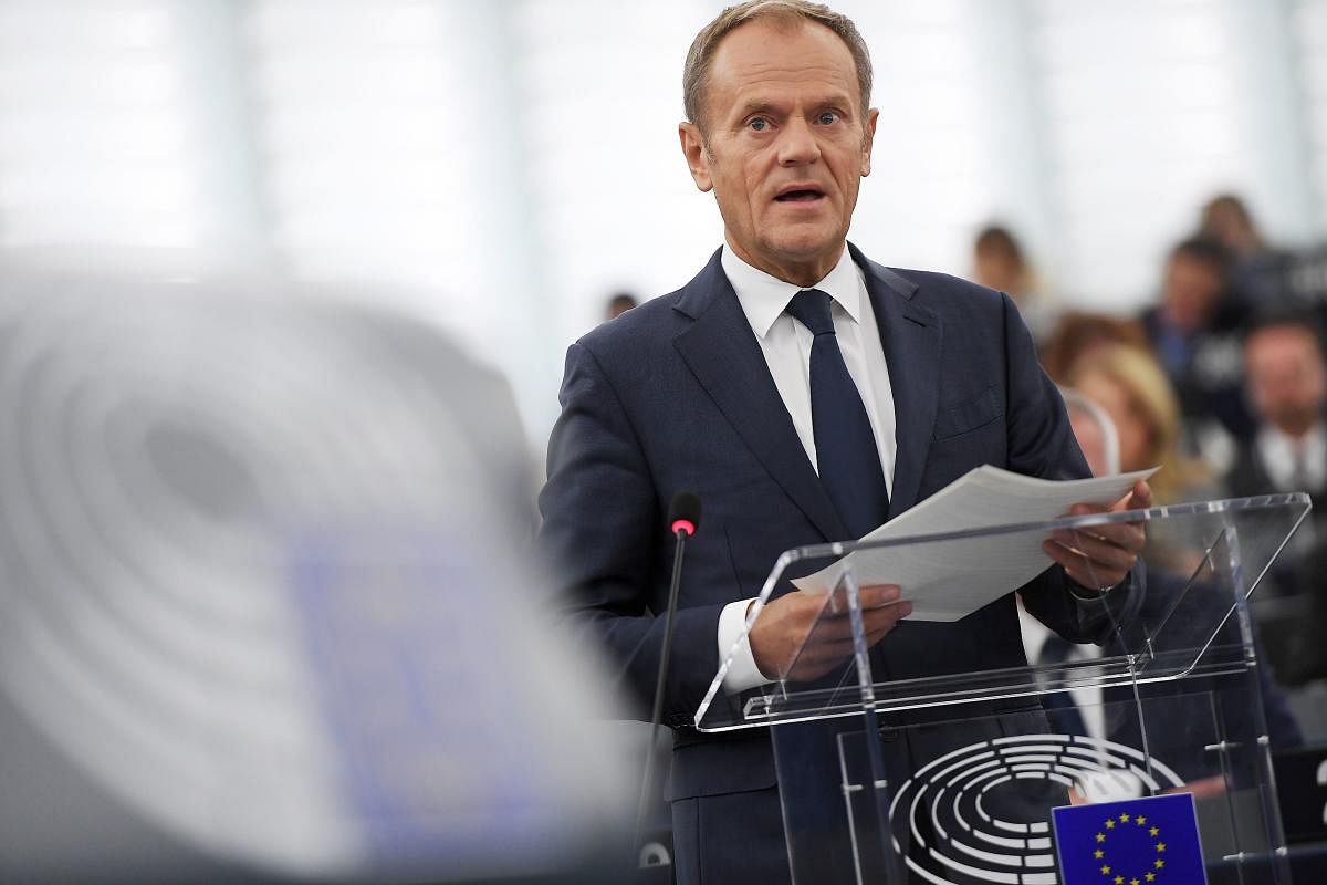 European Council President Donald Tusk speaks during a debate on the results of October EU summit at the European Parliament on October 22, 2019 in Strasbourg, eastern France. (AFP)