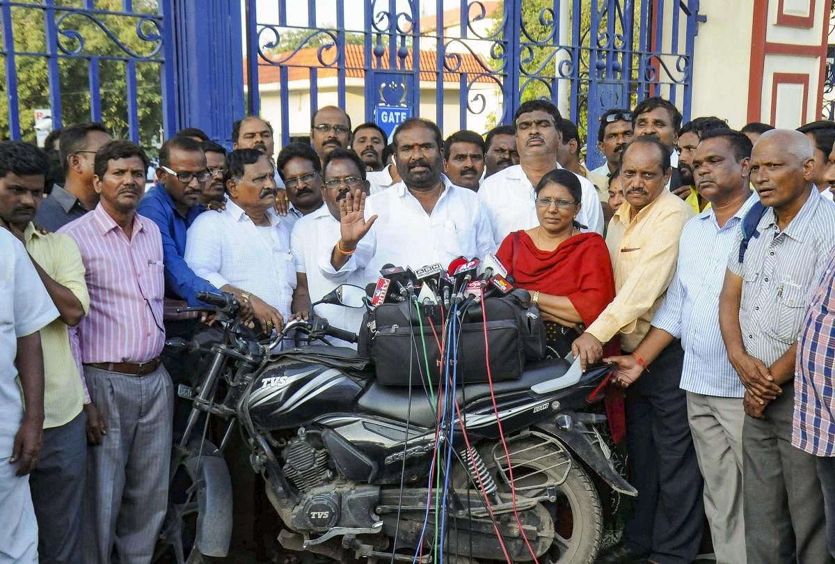 TSRTC Employees unions' leader Aswathama Reddy addresses the media after a hearing in High Court on RTC Strike, in Hyderabad. (PTI Photo)