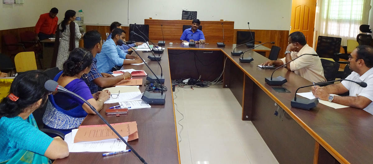 Udupi Deputy Commissioner Jagadeesh speaks at a meeting of the district-level task force at his office in Manipal.