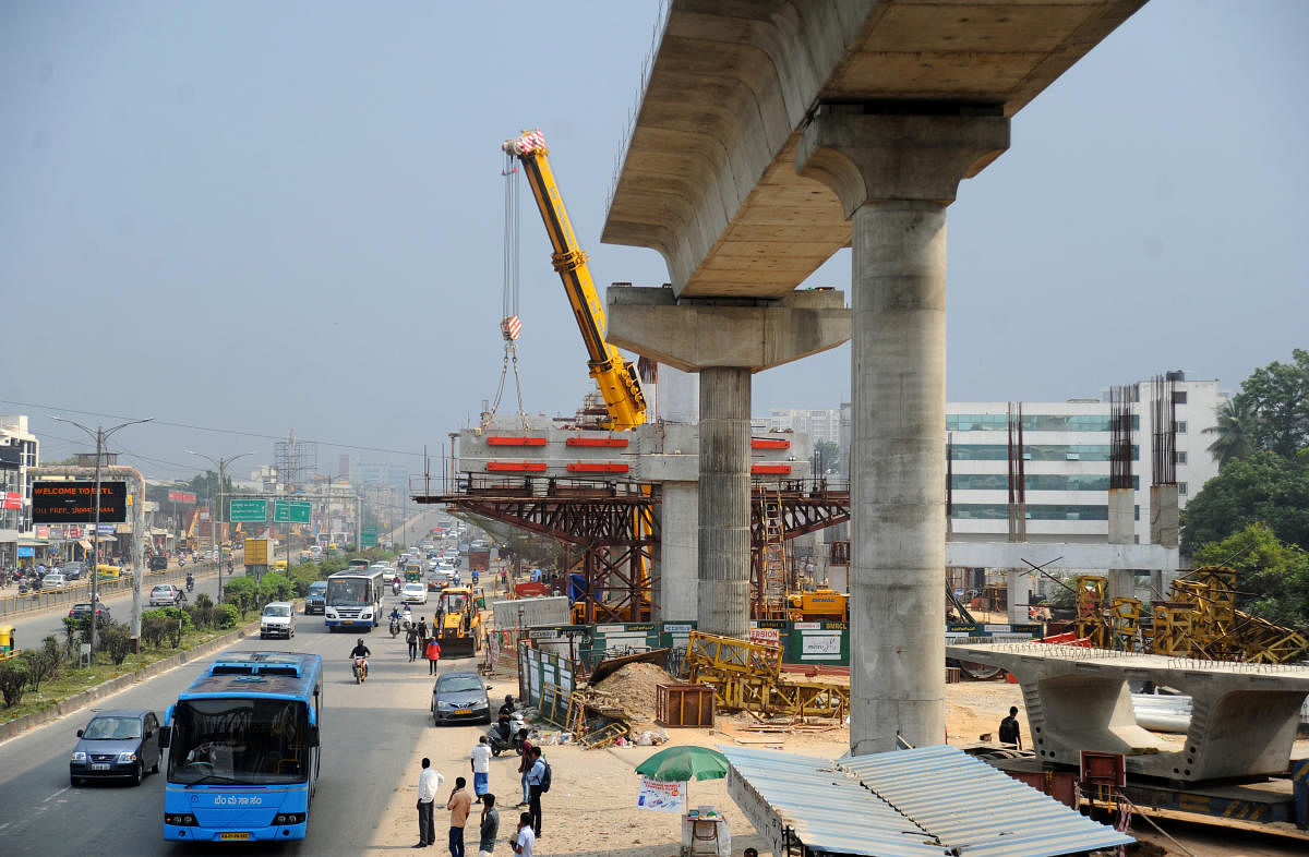 Metro construction on Hosur Road in Bengaluru on Thursday. | DH Photo: Pushkar V