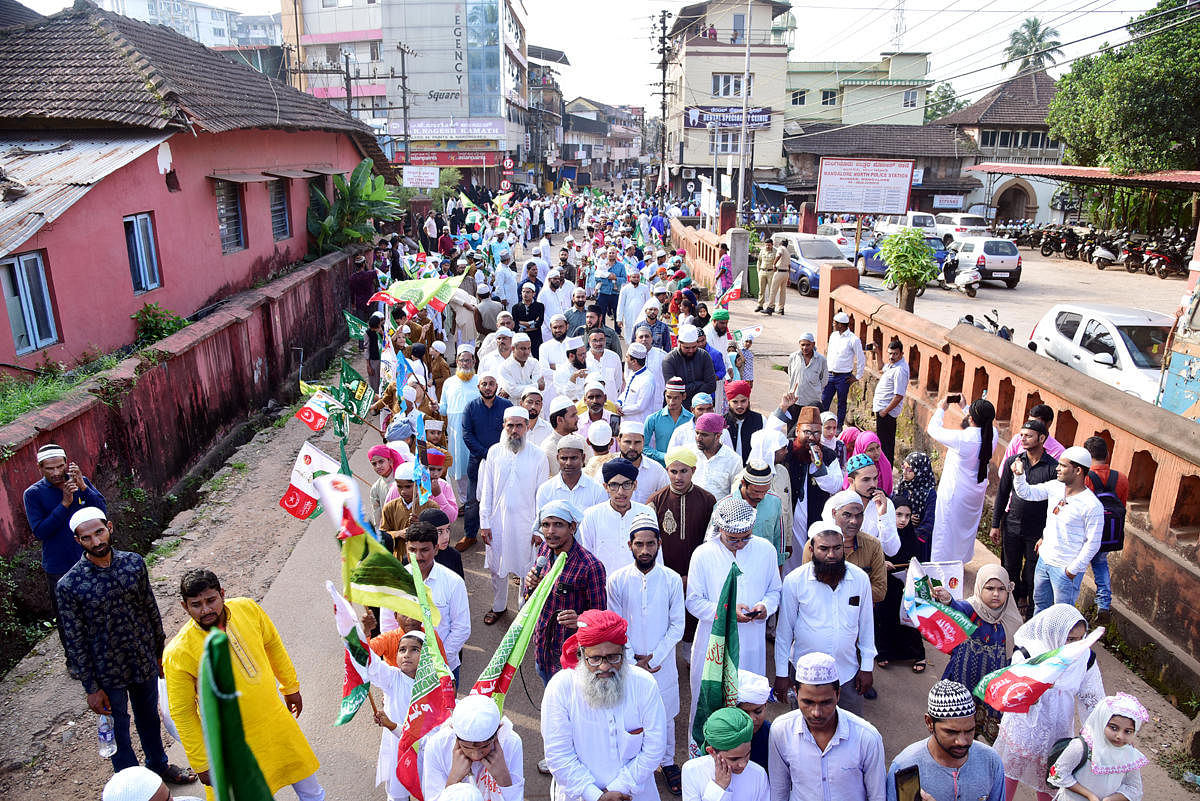 Muslims take out a procession as a part of Eid Milad at Bunder in Mangaluru on Sunday.