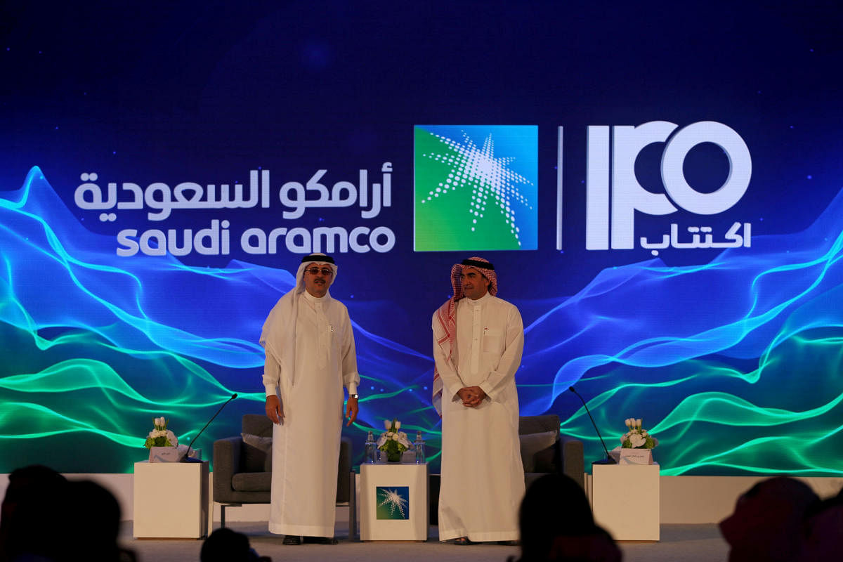 Yasser al-Rumayyan, Saudi Aramco's chairman, and Amin H. Nasser, president, and CEO of Aramco attend a news conference at the Plaza Conference Center in Dhahran. REUTERS